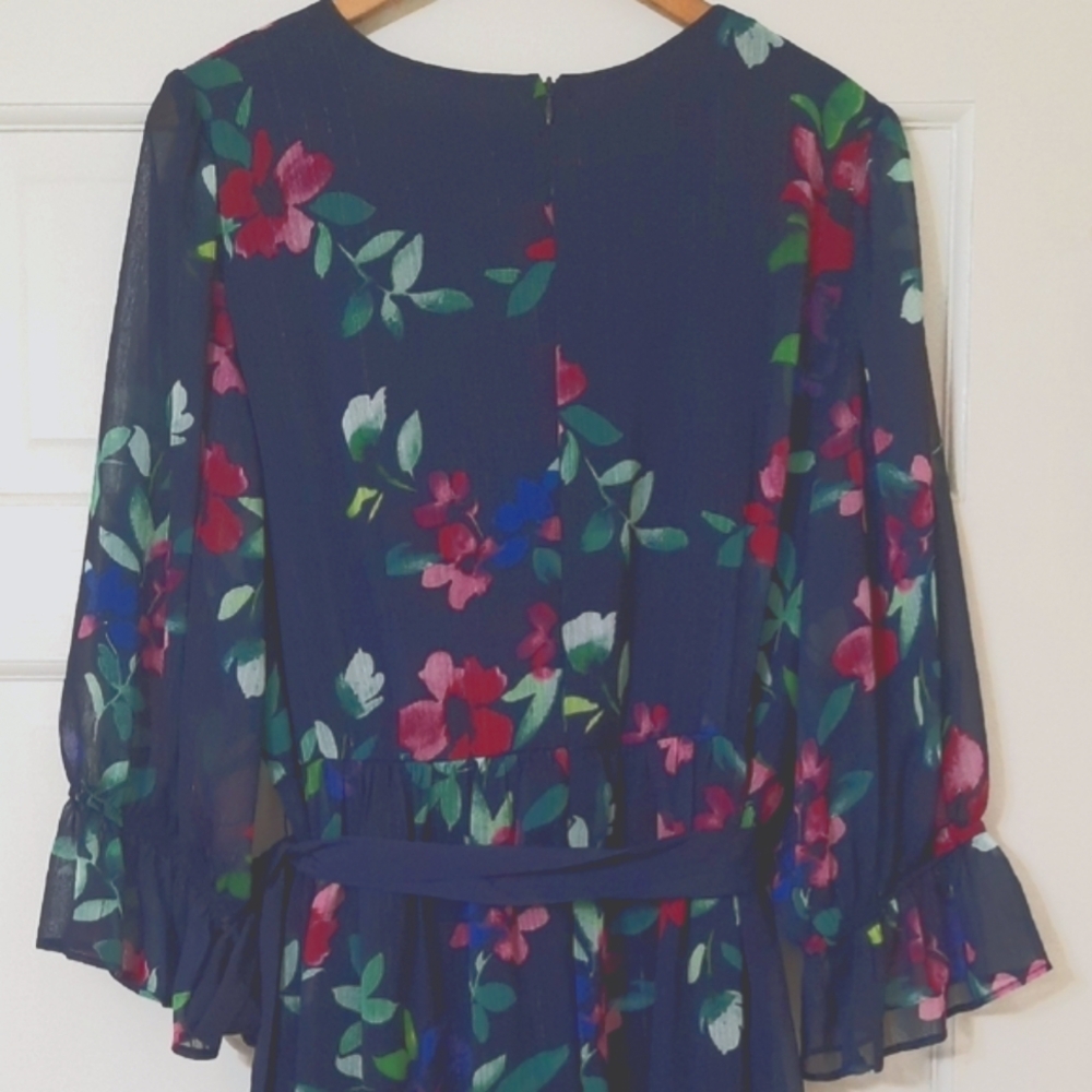 Jessica Howard Navy/ Purple V-Neck Ruffle Bishop Sleeve Maxi Dress - Picture 11 of 13